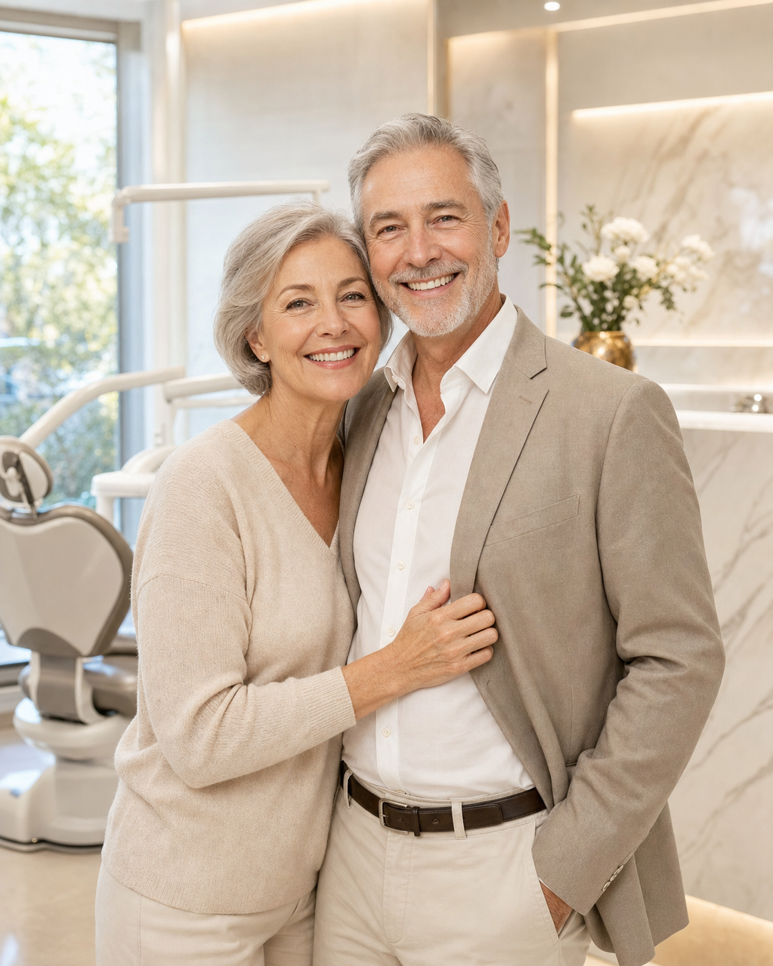 Casal de idosos com sorrisos naturais em uma clínica odontológica moderna